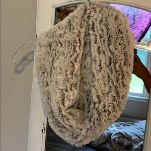 Fluffy white and burgundy infinity scarf
